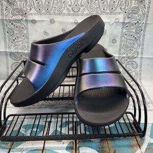 OOFOS OOahh Slide Sandal Mens 9/Womans 11/EU 39 Blue Metallic Comfort Worn 1X